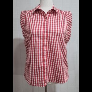 Crown & Ivy Red Gingham Button Up Shirt Sz Medium Cap Sleeve Approx 21" P2P